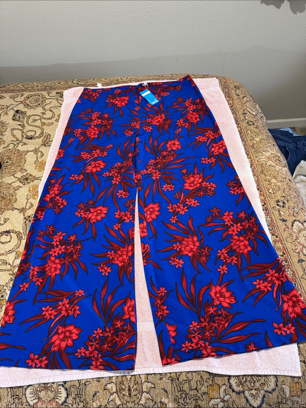 Women's Wide Leg Floral Pants - Blue with Red Floral